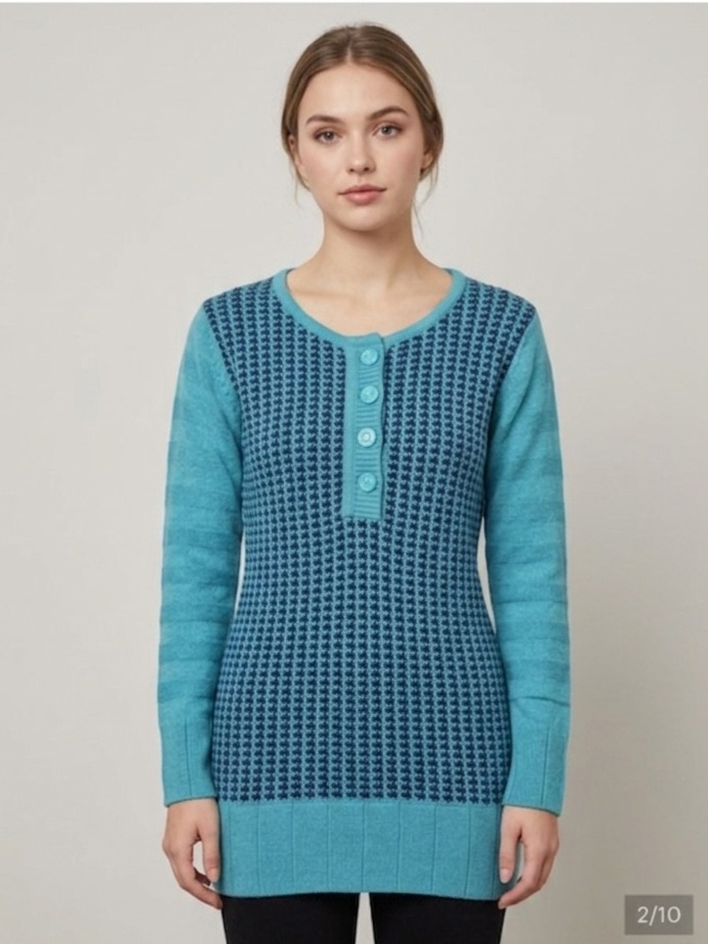 Vintage Teal Blue Henley Textured Geometric Knit Long Sleeve Tunic Sweater